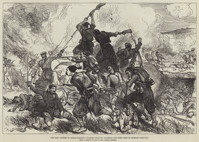 La guerra, batalla de Karahassankoi, infantería turca asaltando la primera línea de trincheras rusas de Sir John Charles Robinson